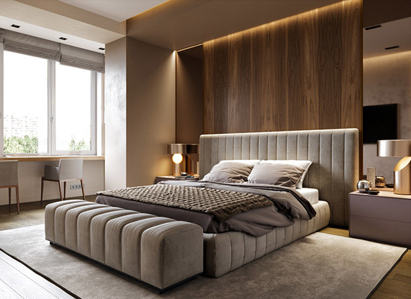 Phòng ngủ master có thiết kế hiện đại, sử dụng nội thất sang trọng với tông màu trung tính nhã nhặn. Bàn làm việc đôi gắn trực tiếp vào tường cạnh cửa sổ kính thoáng đãng.