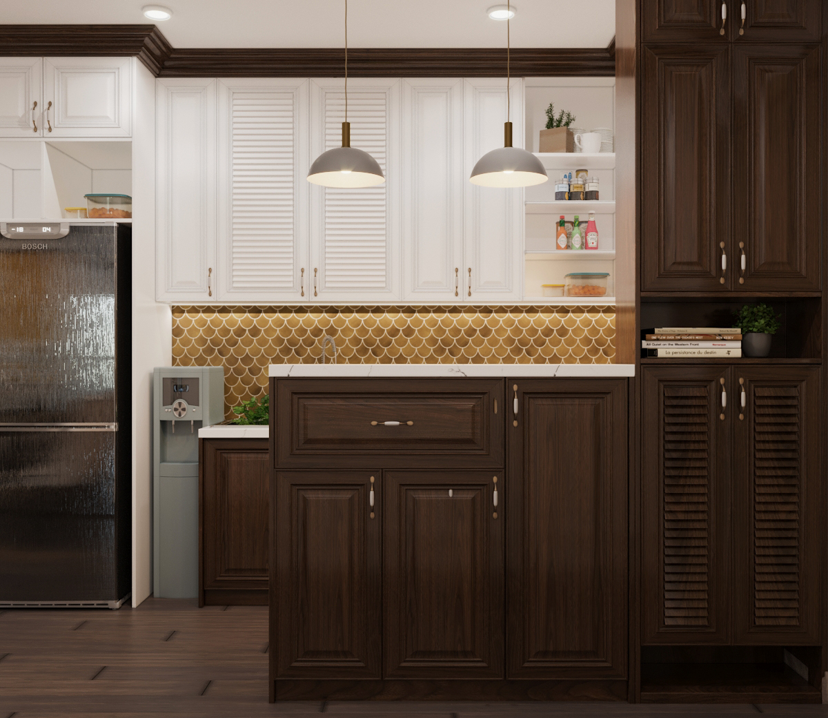 Hệ tủ bếp bằng gỗ màu trắng - nẫu sẫm đan xen giúp cân bằng bảng màu một cách tinh tế.
