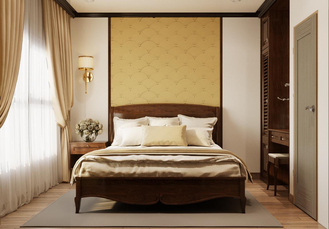 phòng ngủ master với tường đầu giường decor màu vàng ấm áp, rèm cửa hai lớp