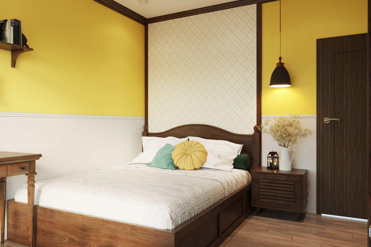 phòng ngủ với giường, tủ kệ bằng gỗ cổ điển, đèn thả treo tường, tường sơn vàng ấm áp