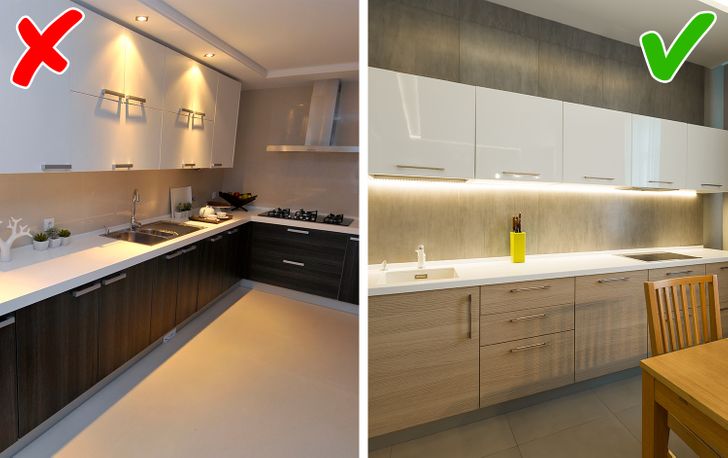 hình ảnh minh họa cho phòng bếp thiếu sáng và phòng bếp với thiết kế ánh sáng đúng chuẩn