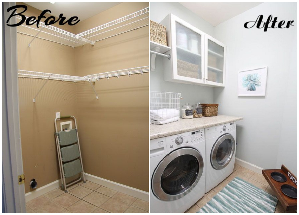 hình ảnh phòng tắm trước cải tạo với kệ gắn cao trên tường, sau cải tạo là tủ lửng treo tường, kệ dài trên máy giặt