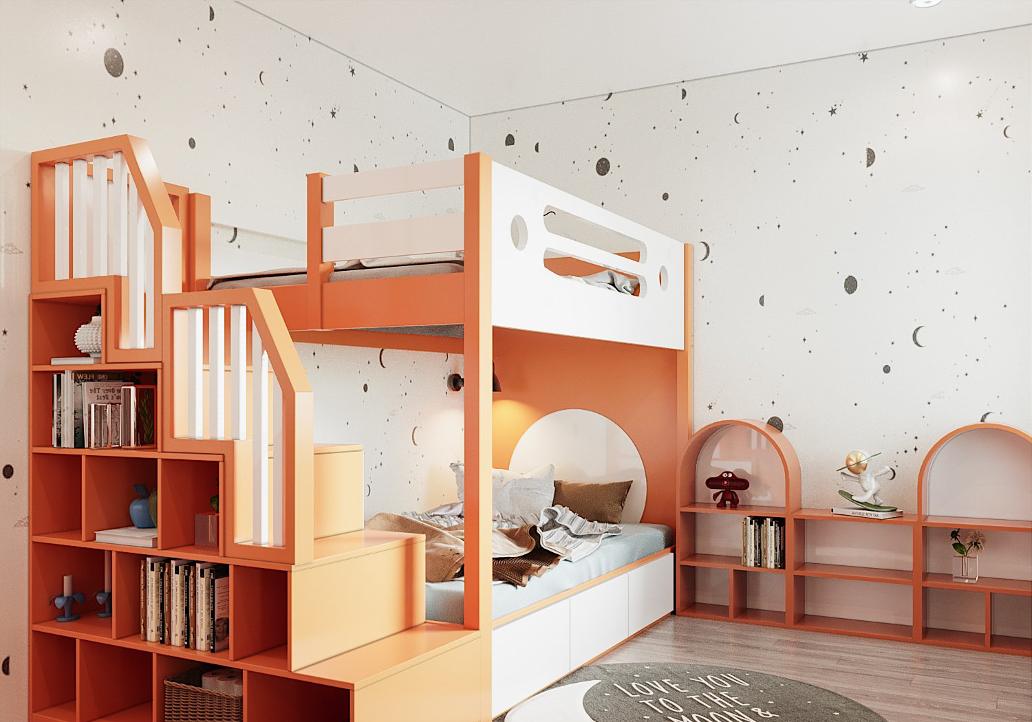 hình ảnh phòng ngủ trẻ em với thiết kế giường tầng màu cam, góc vui chơi với những điêm nhấn hình vòm, giấy dán tường họa tiết trăng sao, vũ trụ