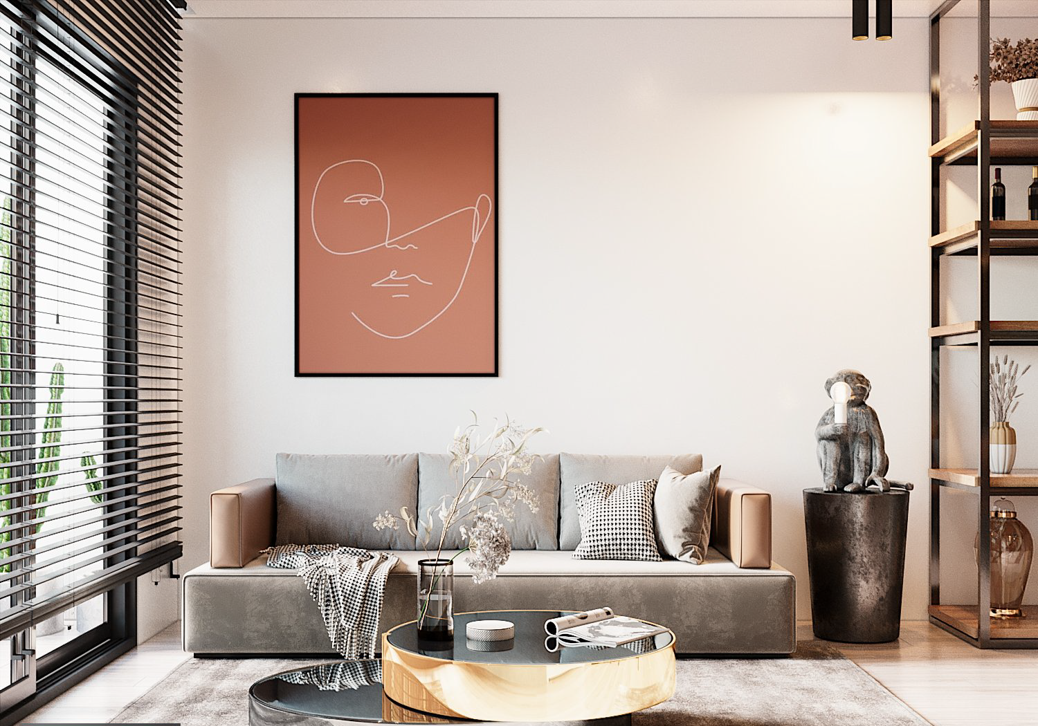 Phòng khách căn hộ 68m2 được bài trí theo phong cách hiện đại, tối giản với ghế sofa màu xám trang nhã, bàn trà hình khối ấn tượng