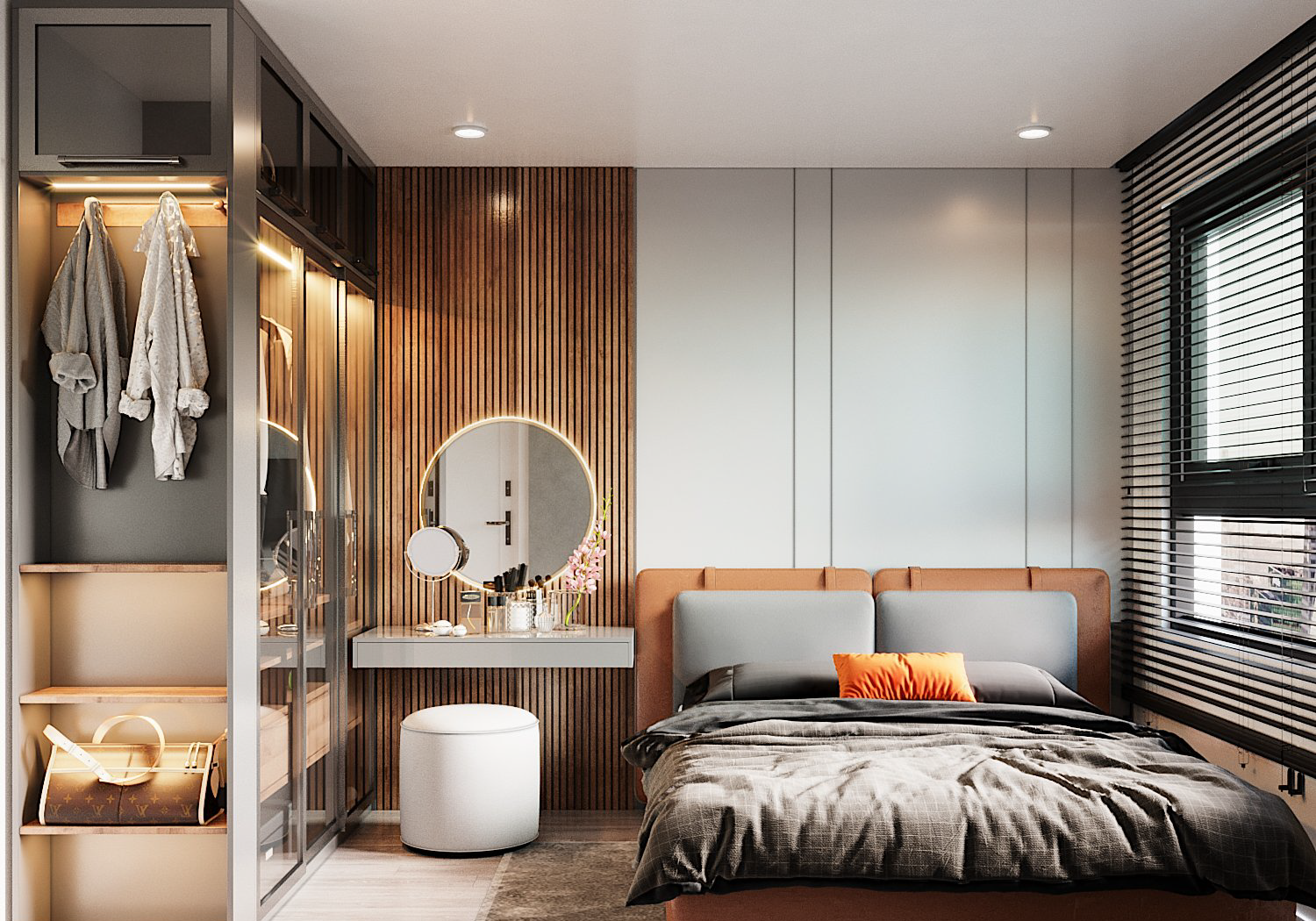 Phòng ngủ master toát lên vẻ sang trọng, trang nhã với nội thất hiện đại, chất liệu cao cấp. Gương tròn và đôn ngồi tạo điểm nhấn mềm mại, duyên dáng.