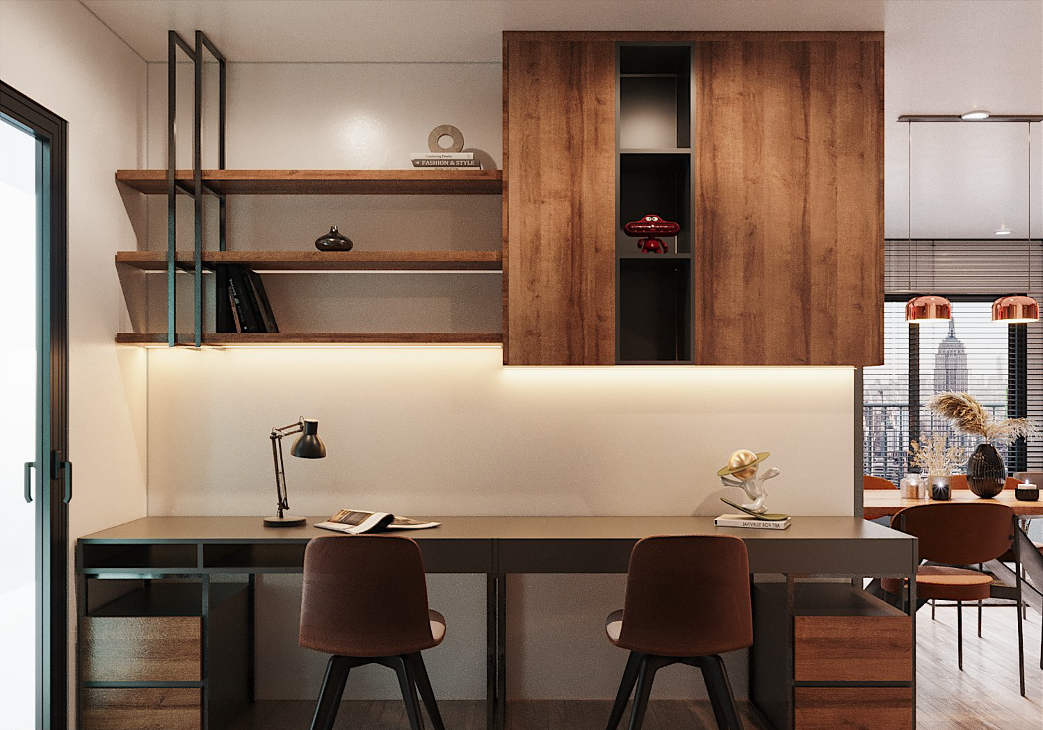 Góc làm việc trong căn hộ 68m2 có thiết kế nội thất đơn giản, mang hơi hướng Retro với chất liệu gỗ - kim loại kết hợp hoàn hảo.