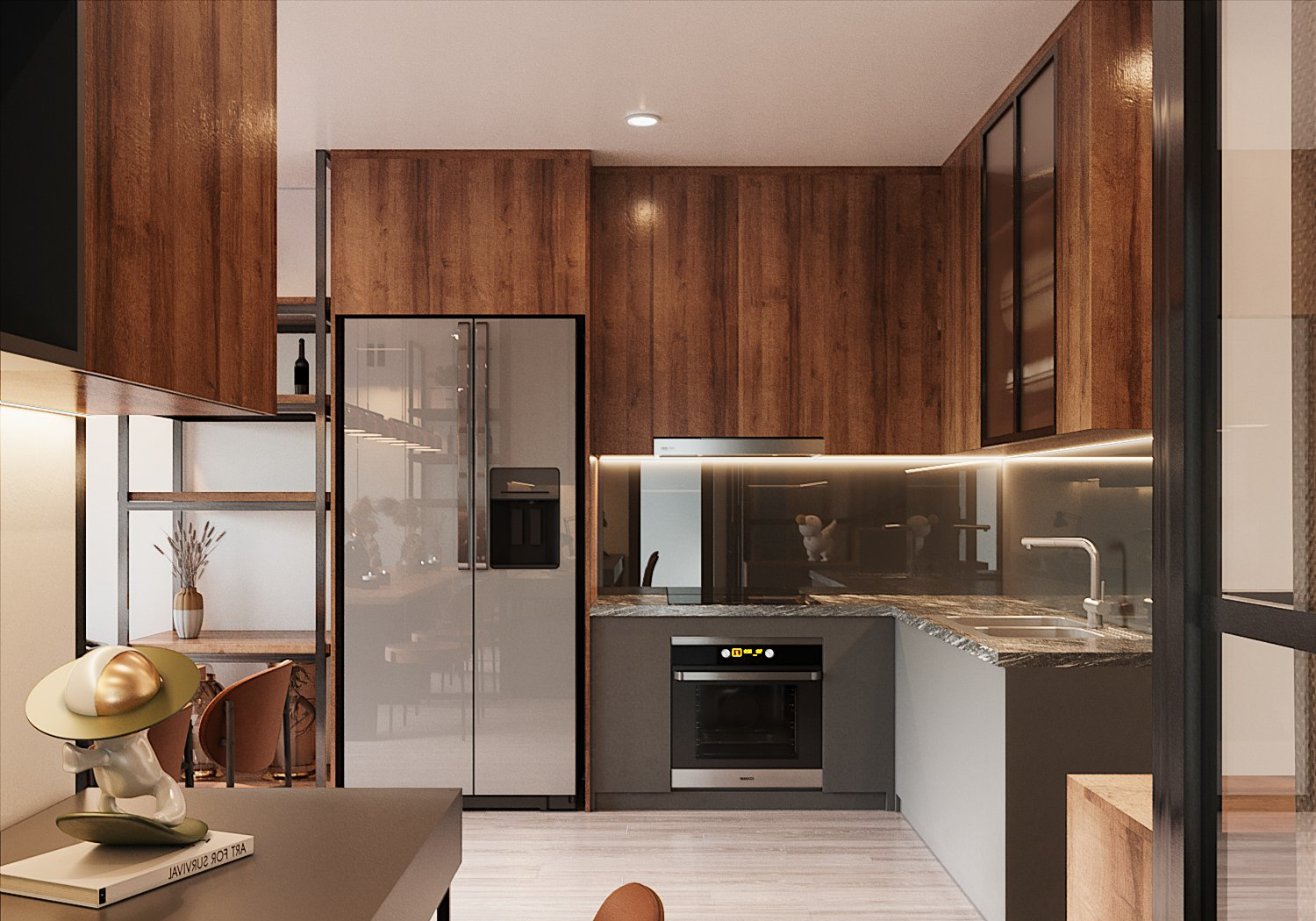 hình ảnh phòng bếp chữ L trong căn hộ 68m2 với tủ bếp bằng gỗ cao kịch tràn, tủ lạnh và gạch ốp mặt bàn bếp màu xám trung tính