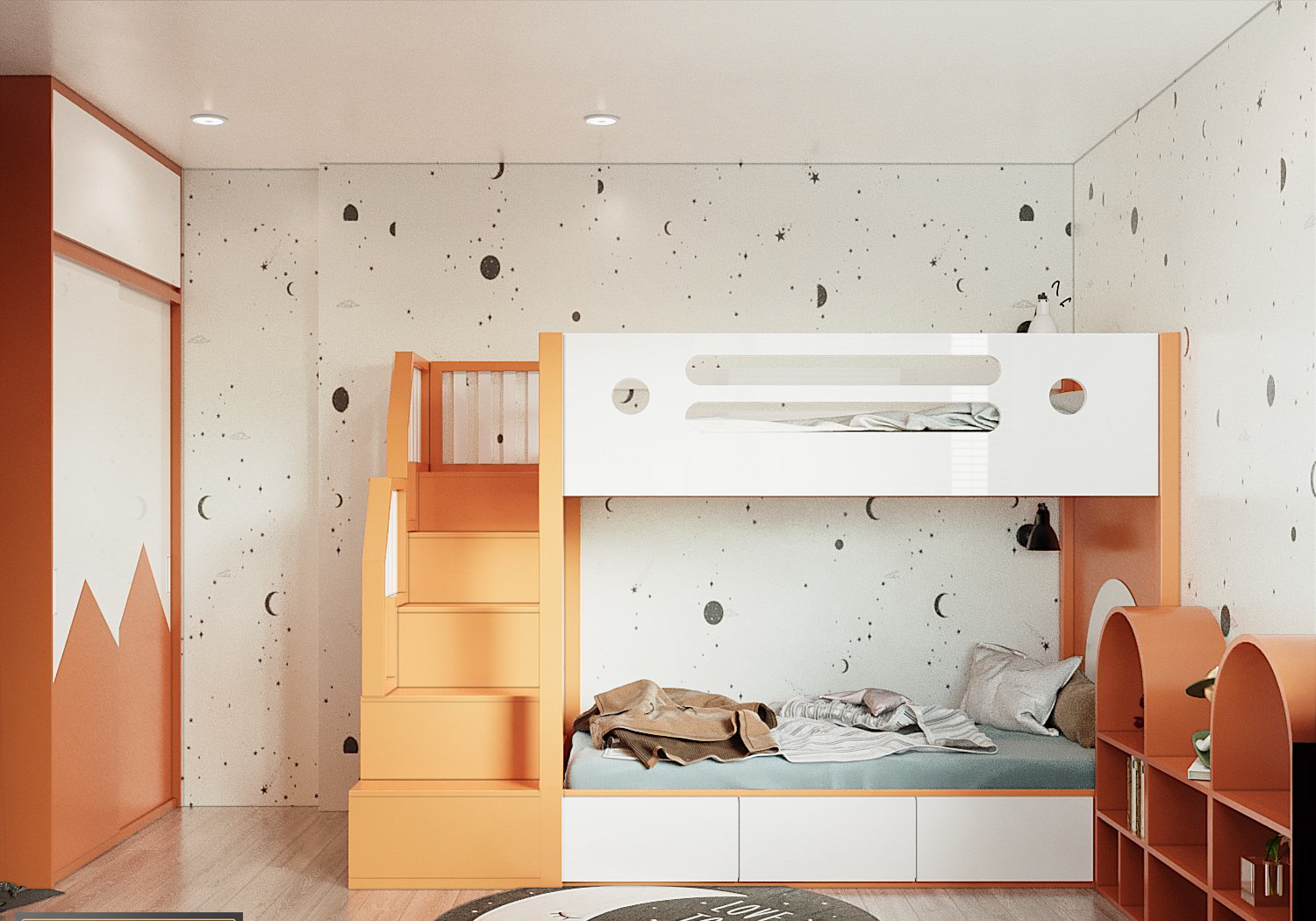 hình ảnh toàn cảnh phòng ngủ trẻ em đẹp với giường tầng, bậc thang gỗ, góc vui chơi, giấy dán tường màu trắng, họa tiết trăng sao