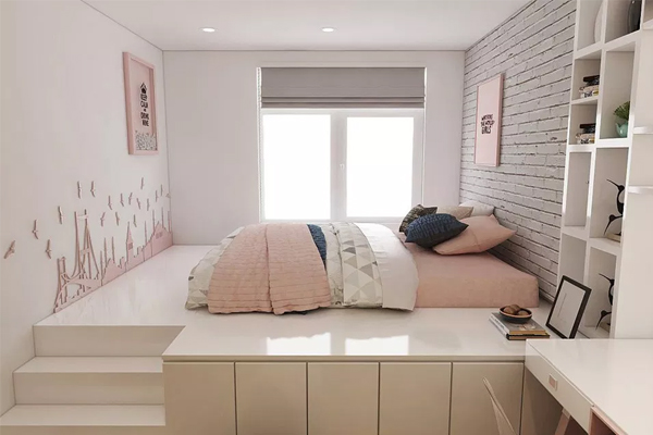 hình ảnh phòng ngủ master với sàn cao kiểu giật cấp, cửa sổ kính ngập tràn ánh sáng