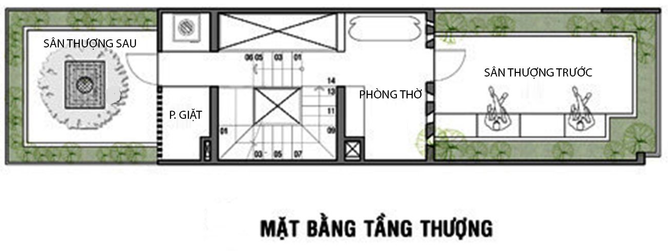 Mặt bằng bố trí nội thất tầng thượng nhà ống