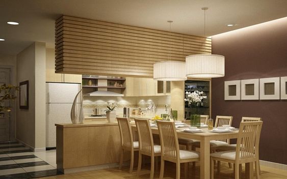 hình ảnh phòng bếp kết hợp phòng ăn màu be chủ đạo, bàn ghế gỗ, đèn thả khối tròn 