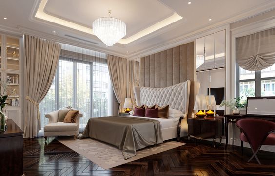Mẫu phòng ngủ master phong cách sang trọng với sàn lát gỗ sẫm màu, họa tiết xương cá bắt mắt, làm phông nền cho nội thất ghi xám nổi bật hơn.