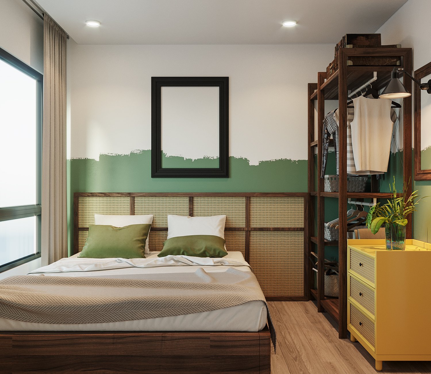 phòng ngủ với giường đặt cạnh cửa sổ kính, mảng tường đầu giường decor màu xanh trắng, cạnh đó là tủ ngăn kéo, tủ quần áo kiểu mở