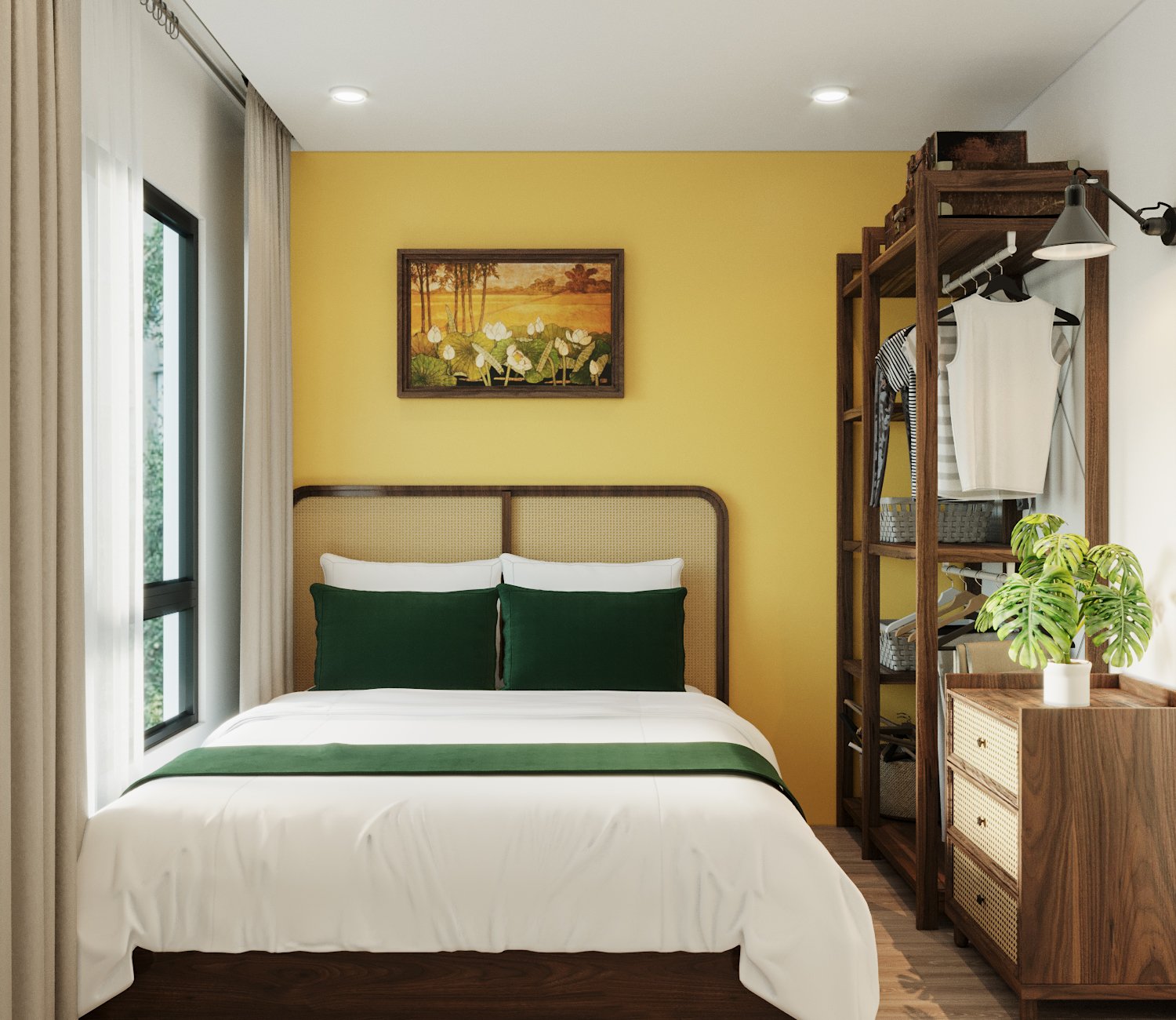 Các phòng ngủ được thiết kế với diện tích vừa phải, đủ để bố trí những món nội thất cơ bản như giường, tủ kệ lưu trữ. Mảng tường sơn màu vàng mù tạt làm ấm toàn bộ không gian.