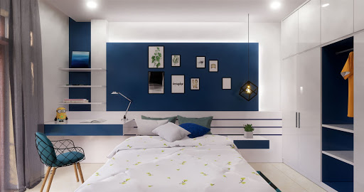 hình ảnh phòng ngủ cho con trai với bức tường sơn màu xanh nước biển, ga gối màu trắng, rèm xám, kệ mở gắn tường
