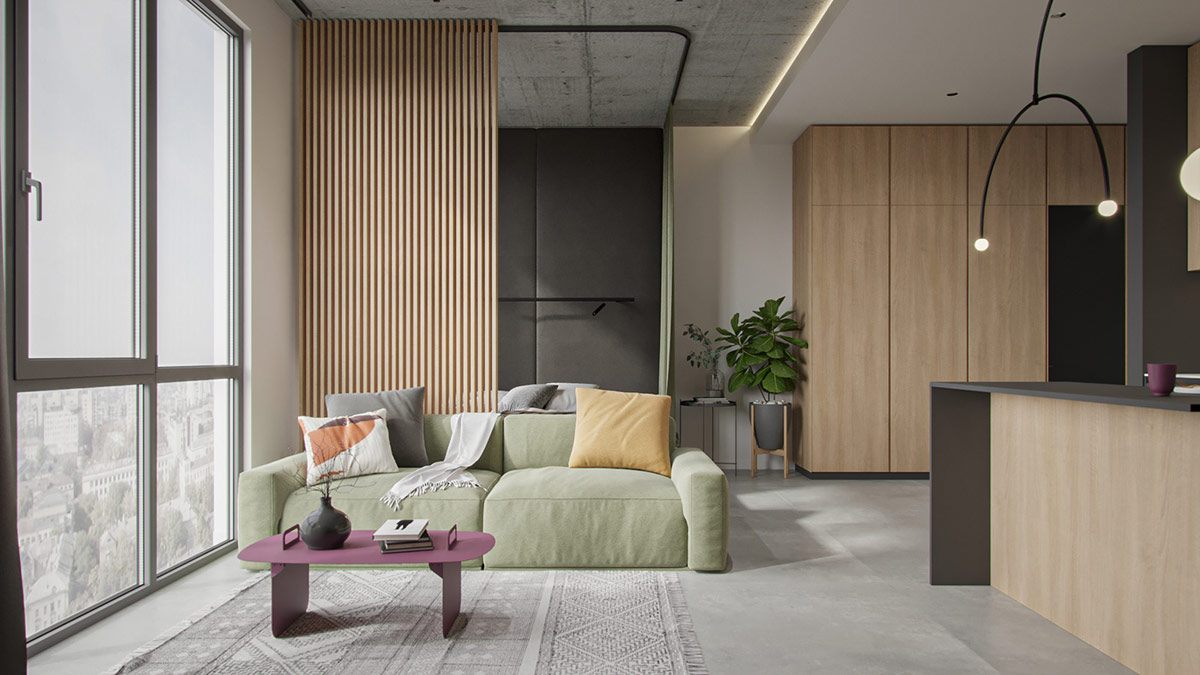 Trong phòng khách căn hộ 38m2, một chiếc ghế sofa màu xanh lá nhạt, gối tựa màu vàng và chiếc bàn cà phê màu nho phối kết tinh tế với thảm trải sàn màu xám thanh lịch.