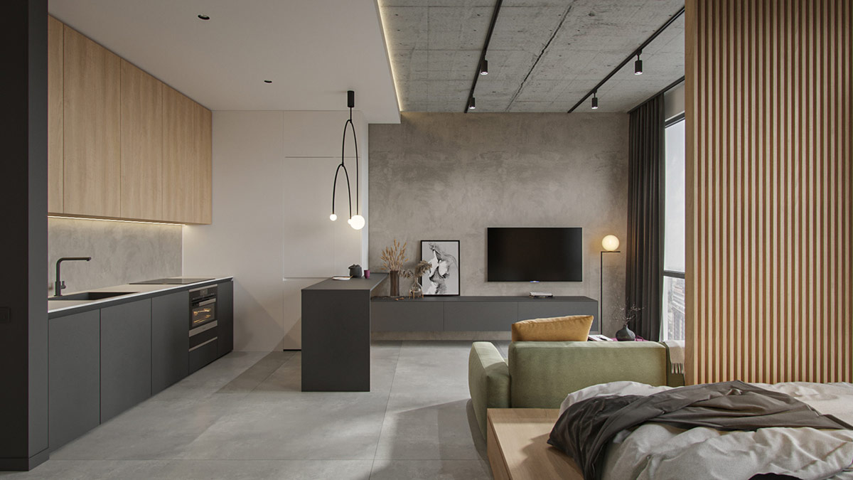 hình ảnh toàn cảnh phòng khách liên thông bếp nấu trong căn hộ nhỏ với tường tivi, sàn, tường chắn bếp màu xám, tủ bếp bằng gỗ cánh phẳng
