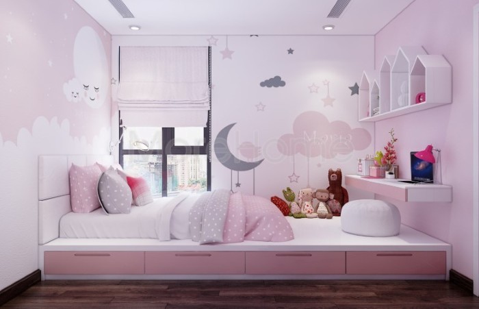 phòng ngủ cho con gái với tông màu hồng trắng ngọt ngào