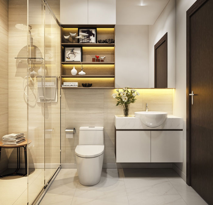 Phòng tắm - vệ sinh trong nhà vườn 1 tầng có gác lửng được thiết kế gọn đẹp, tiện nghi. Buồng tắm kính sang trọng, tiện dụng.