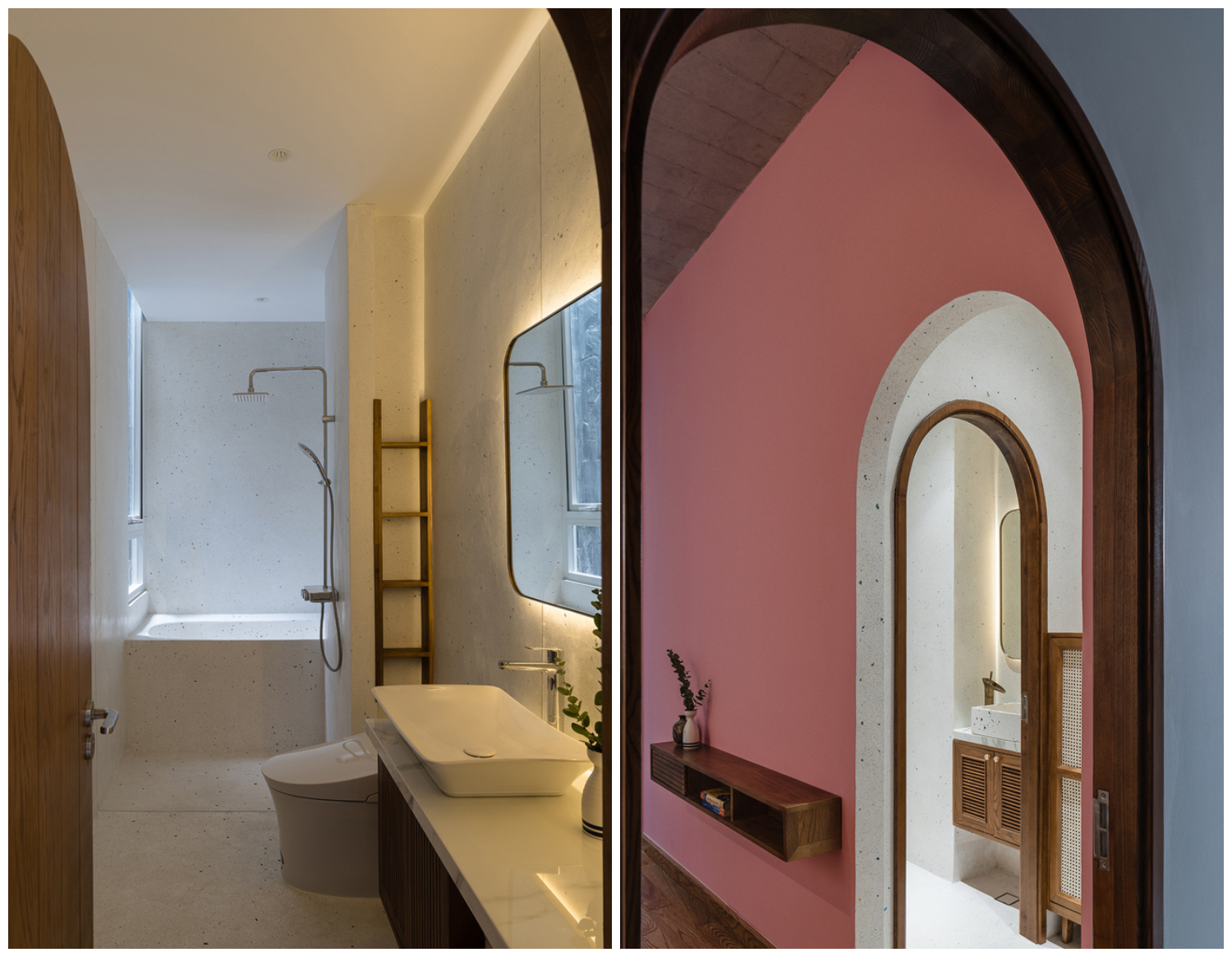 Phòng tắm vệ sinh trong nhà ống Sài Gòn được bài trí vô cùng tinh tế với những mảng nhấn màu sắc bắt mắt, tạo cảm giác thư thái cho người dùng.
