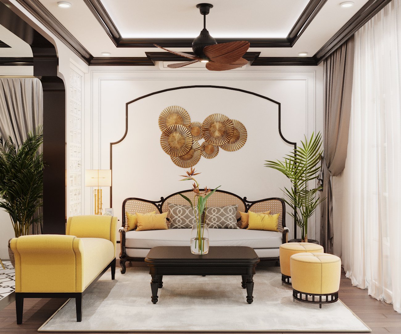 phòng khách nhà phố phong cách Đông Dương với bàn trà gỗ, sofa vàng, quạt trần cổ điển, cây xanh trang trí