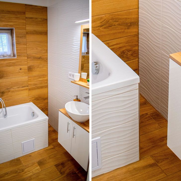 cận cảnh phòng tắm với tường ốp gỗ, thạch cao