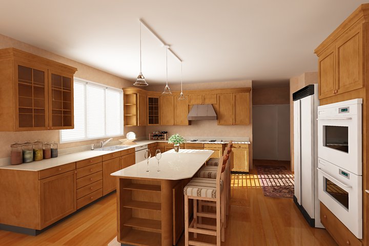 Sàn nhà, bàn đảo và hệ tủ bếp đều được làm bằng chất liệu gỗ màu sáng tạo cảm giác ấm cúng, thân thiện cho phòng bếp.