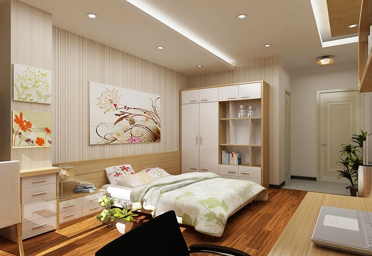 phòng ngủ master với tranh tường trang trí đầu giường, tủ quần áo, tủ ngăn kéo