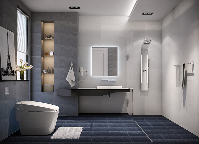 Trong nhà ống 2 tầng hiện đại, phòng tắm - vệ sinh được phân tách bởi vách kính trong suốt giúp cho không gian luôn khô thoáng.