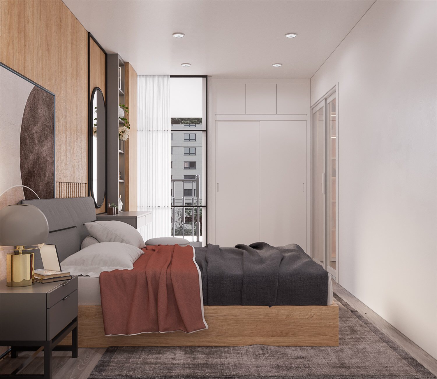 Phòng ngủ master sử dụng "nội thất may đo" vừa vặn với diện tích, giúp tối ưu ​ hóa không gian.