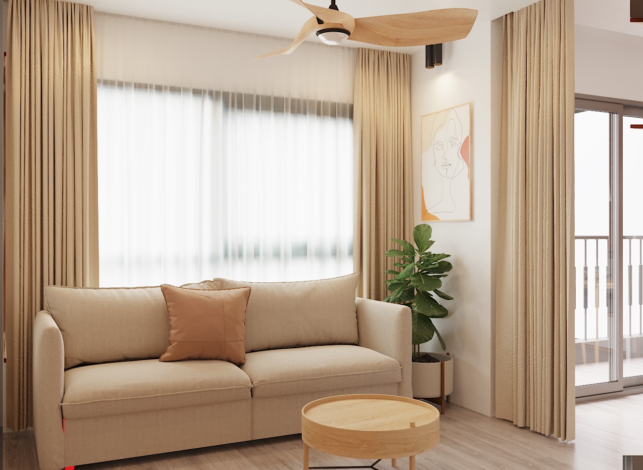 Phòng khách căn hộ 60m2 được đóng khung bởi ghế sofa màu be sáng, bàn trà gỗ và tranh nghệ thuật treo tường. Rèm cửa hai lớp giúp điều tiết tinh tế ánh sáng tự nhiên vào phòng.