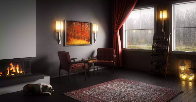 hình ảnh phòng khách của cung Bọ Cạp với bảng màu xám, đen chủ đạo