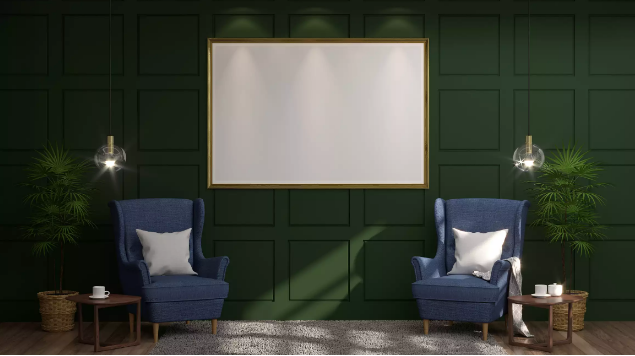 hình ảnh góc phòng với tường son màu xanh lá cây đậm, bảng trắng, hai ghế tựa màu xanh hải quân đặt đối xứng