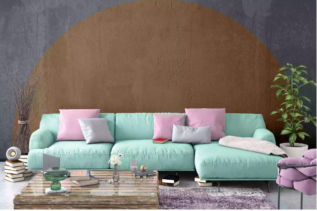 hình ảnh phòng khách nổi bật với ghế sofa màu xanh ngọc và gối tựa màu hoa oải hương