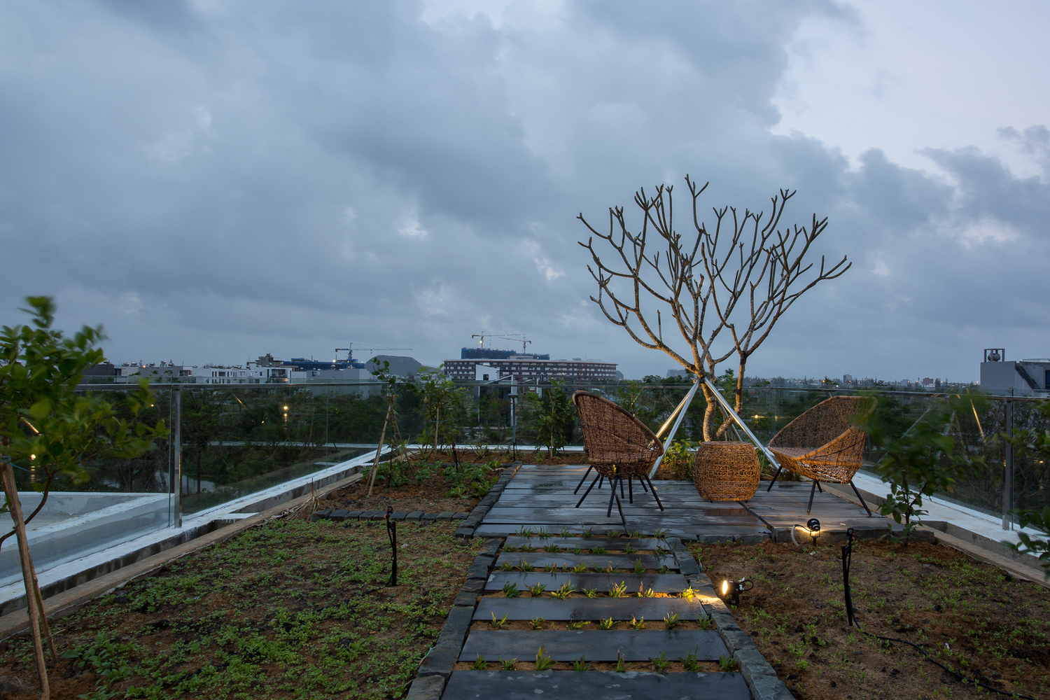 hình ảnh vườn rau trên sân thượng, ghế ngồi thư giãn