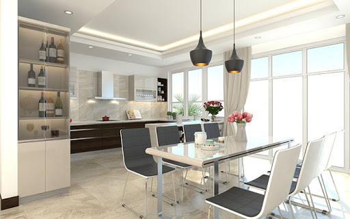 hình ảnh phòng bếp kết hợp phòng ăn với tông màu trắng chủ đạo