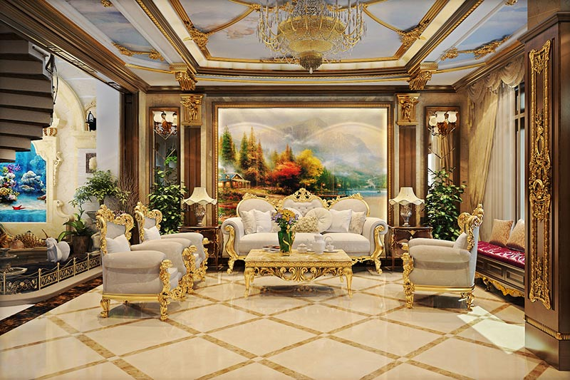 phòng khách phong cách Luxury sang trọng, tinh tế với nội thất dát vàng