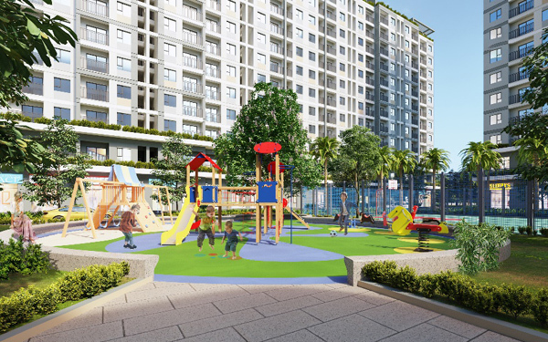 hình ảnh phối cảnh một dự án nhà ở xã hội ở Quy Nhơn với khuôn viên sân chơi cho trẻ em 