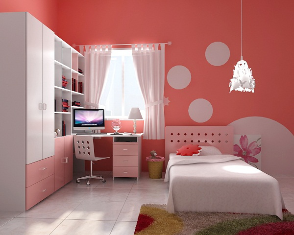 hình ảnh phòng ngủ của con gái với tường sơn màu hồng cam, tủ kệ màu trắng, bàn học màu hồng, cửa sổ kính, rèm cửa hai lớp