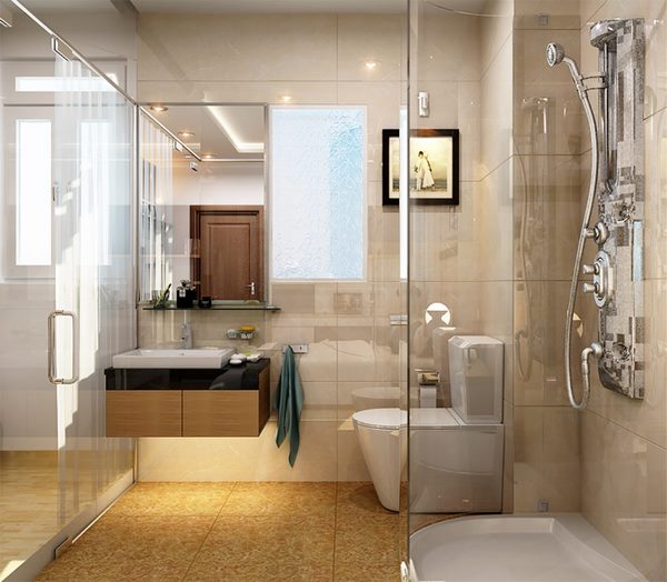 Phòng tắm hiện đại trong nhà ống 3 tầng với vách kính trong suốt phân tách giữa hai khu khô - ướt một cách tương đối.