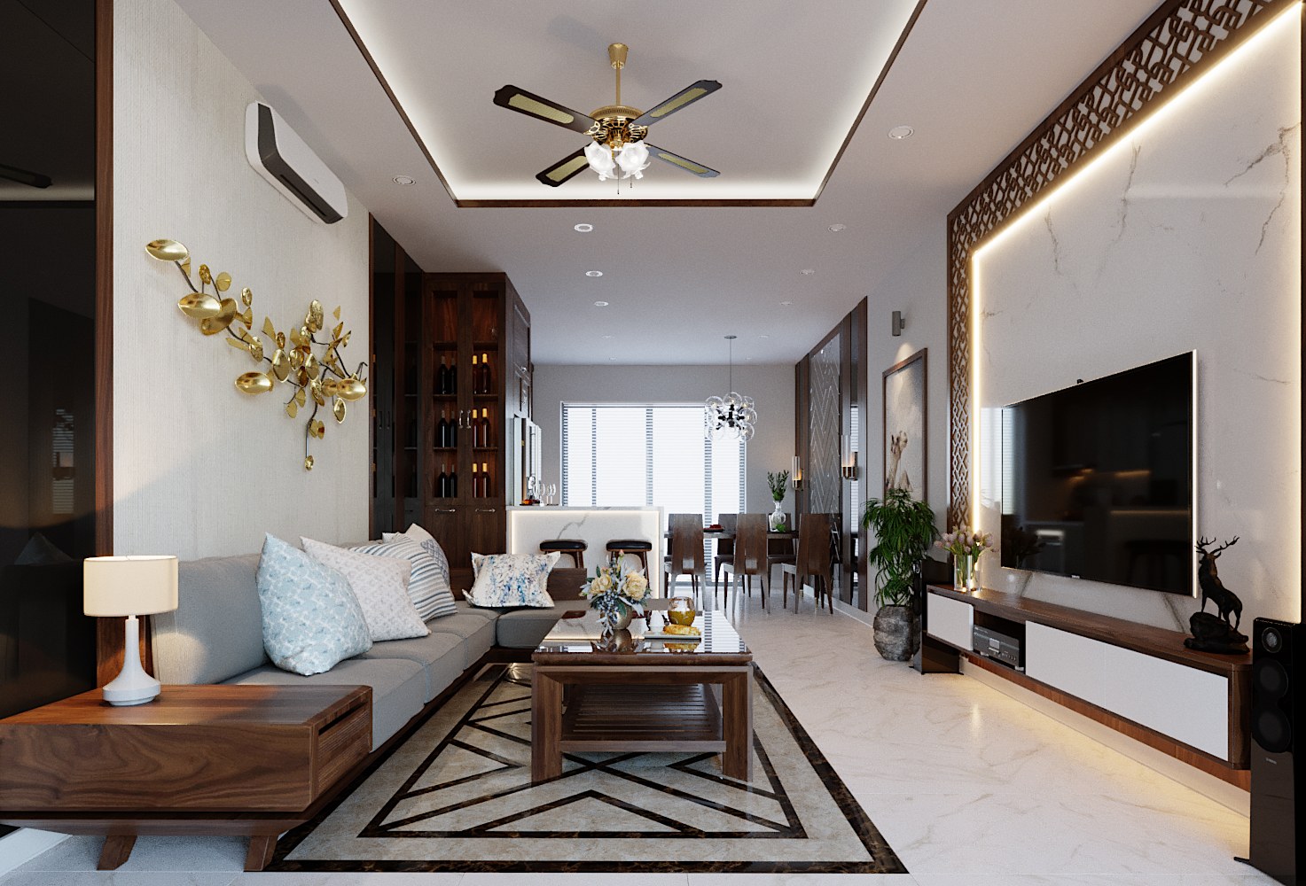Phòng khách biệt thự 1 tầng mái Thái thoáng sáng, sử dụng nội thất gỗ cao cấp với tông màu nâu trầm ấm áp, sang trọng.
