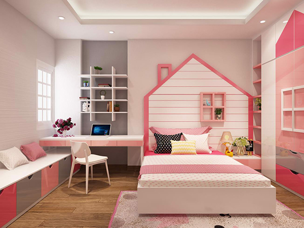 hình ảnh phòng ngủ tông màu hồng - trắng dành cho con gái