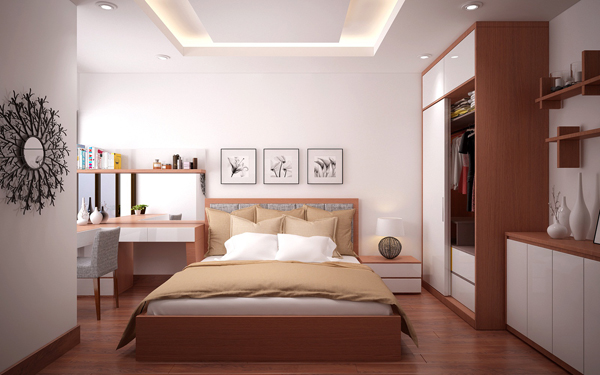 Nội thất phòng ngủ master được thiết kế mang hơi hướng kiểu Nhật với giường thấp sàn, tủ gỗ cửa trượt linh hoạt, trang trí tối giản.