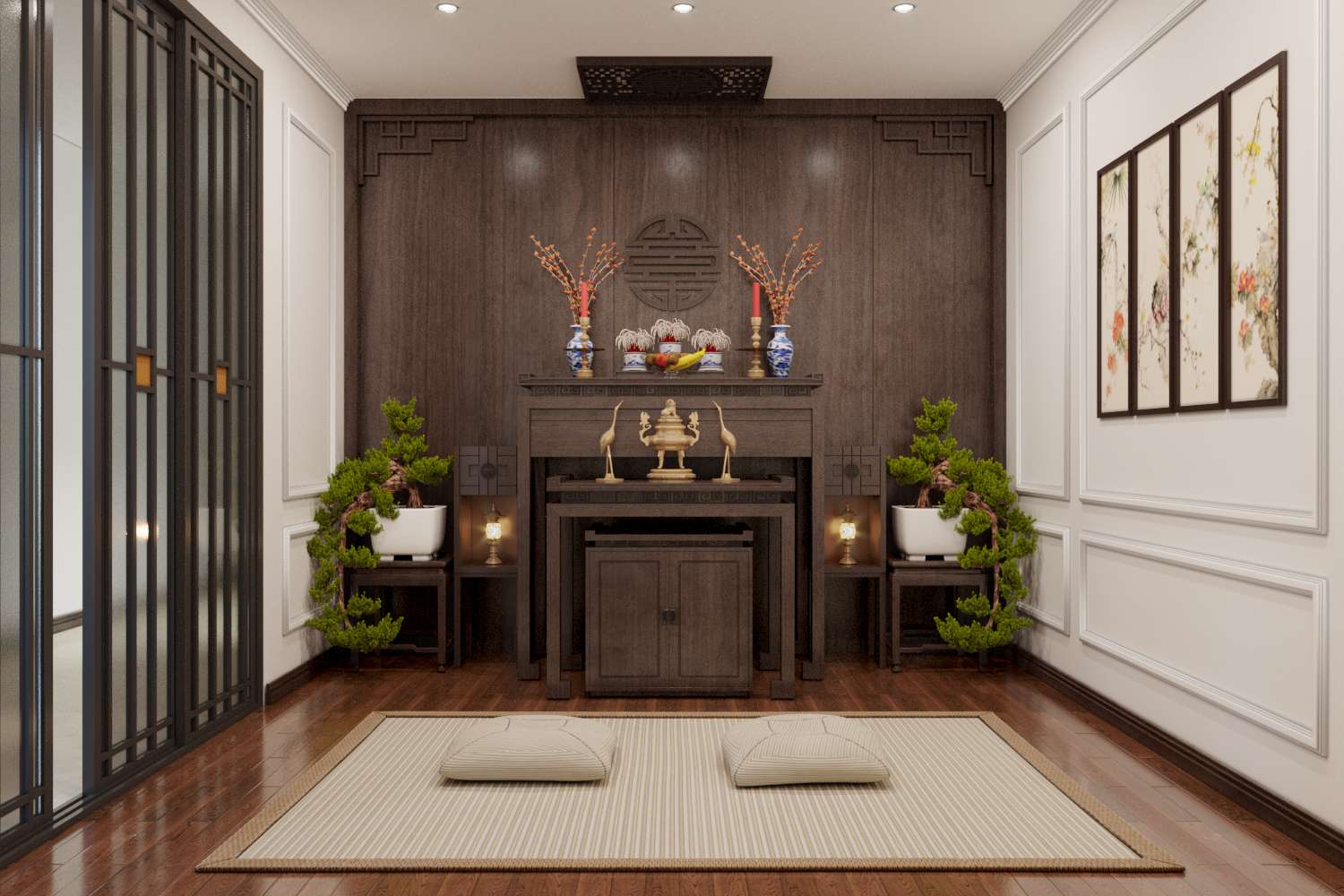 Phòng thờ trang nghiêm, bài trí tinh tế, nổi bật với hai chậu bonsai đối xứng hai bên.