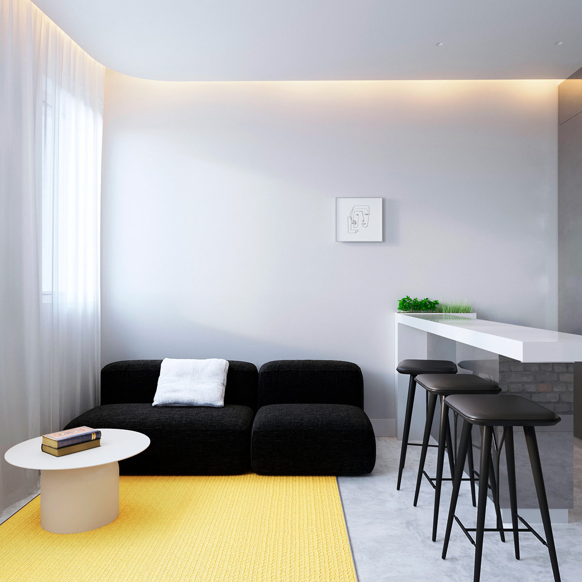 Phòng khách căn hộ nhỏ nổi bật với ghế sofa màu đen tuyền và thảm trải sàn sắc vàng tươi rực rỡ khiến không gian nhà sáng bừng sức sống.