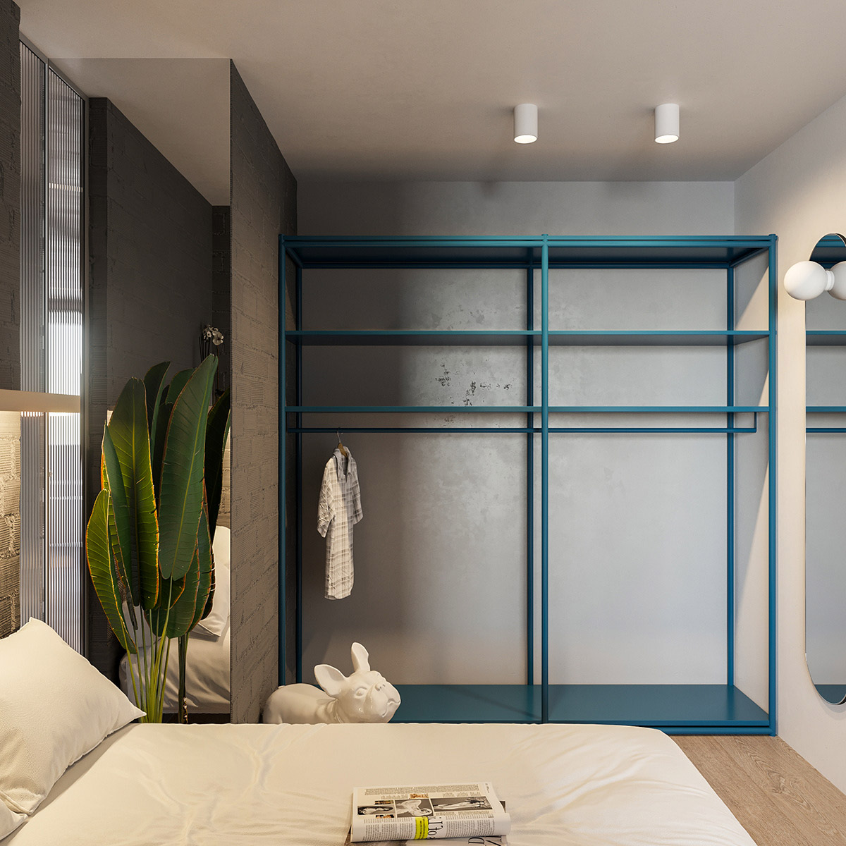 Phòng ngủ nhỏ màu xám sáng với điểm nhấn sinh động là chậu cảnh xanh tốt.