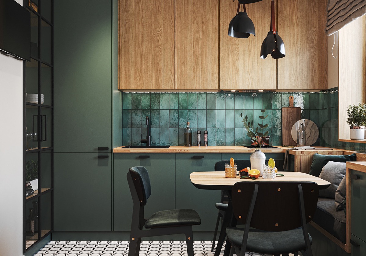 Tông màu xanh lá gần như bao phủ toàn bộ không gian phòng bếp, tạo cảm giác dịu mát, gần gũi với thiên nhiên hơn.