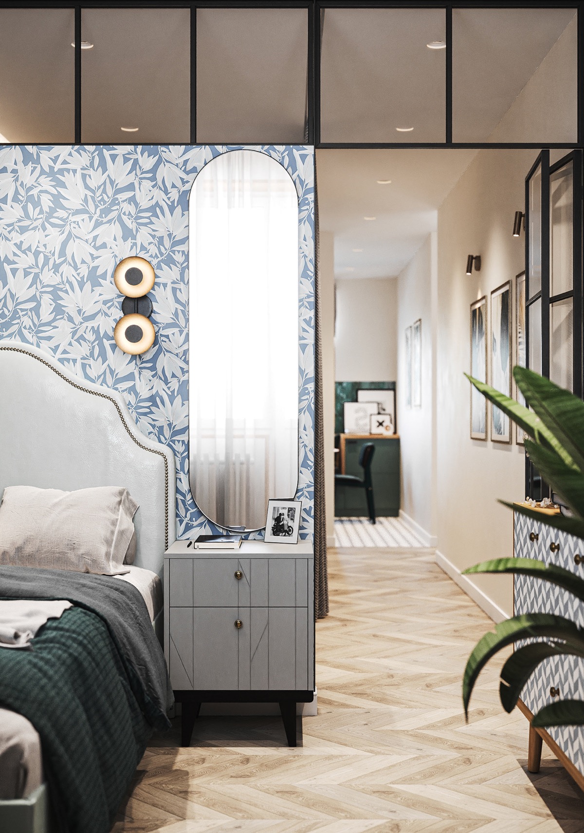 Ở phòng ngủ thứ hai, kiến trúc sư kết hợp các yếu tố trang trí màu xanh lam và xanh lá cây một cách tinh tế, hài hòa với không gian tổng thể.