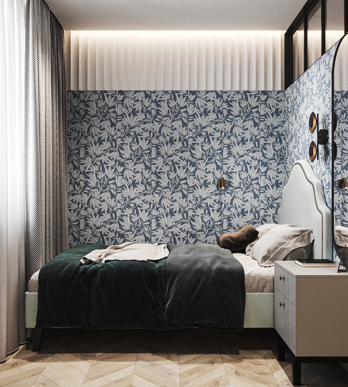 Giấy dán tường màu xanh có hoa văn dày đặc tạo phông nền nổi bật trong phòng ngủ.