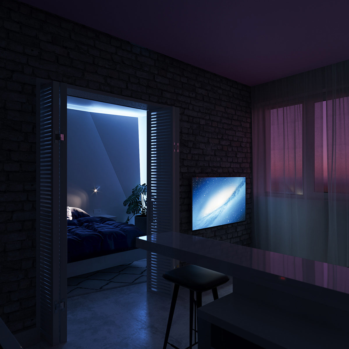 khung cảnh bên trong căn hộ về đêm với ánh đèn màu tím, xanh huyền ảo